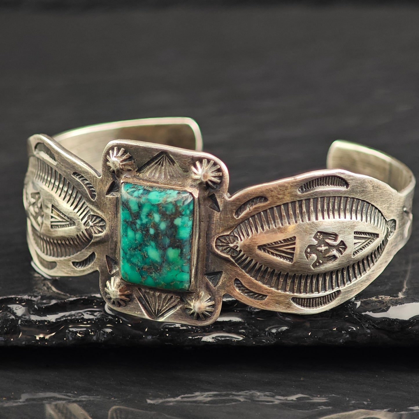 Fred Harvey Era Turquoise Stamped Thunderbird Sterling Silver Cuff Bracelet 6 1/4" BR3079