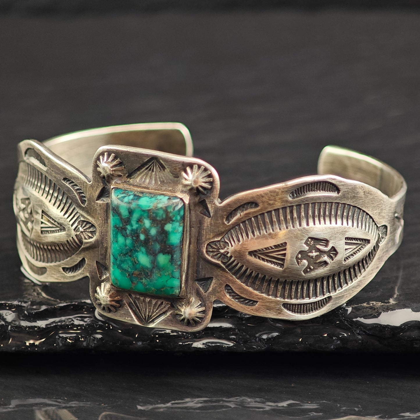 Fred Harvey Era Turquoise Stamped Thunderbird Sterling Silver Cuff Bracelet 6 1/4" BR3079