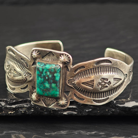 Fred Harvey Era Turquoise Stamped Thunderbird Sterling Silver Cuff Bracelet 6 1/4" BR3079