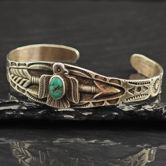 Vintage Native American Thunderbird Turquoise Stamped Sterling Silver Cuff Bracelet 6 1/4" BR3078