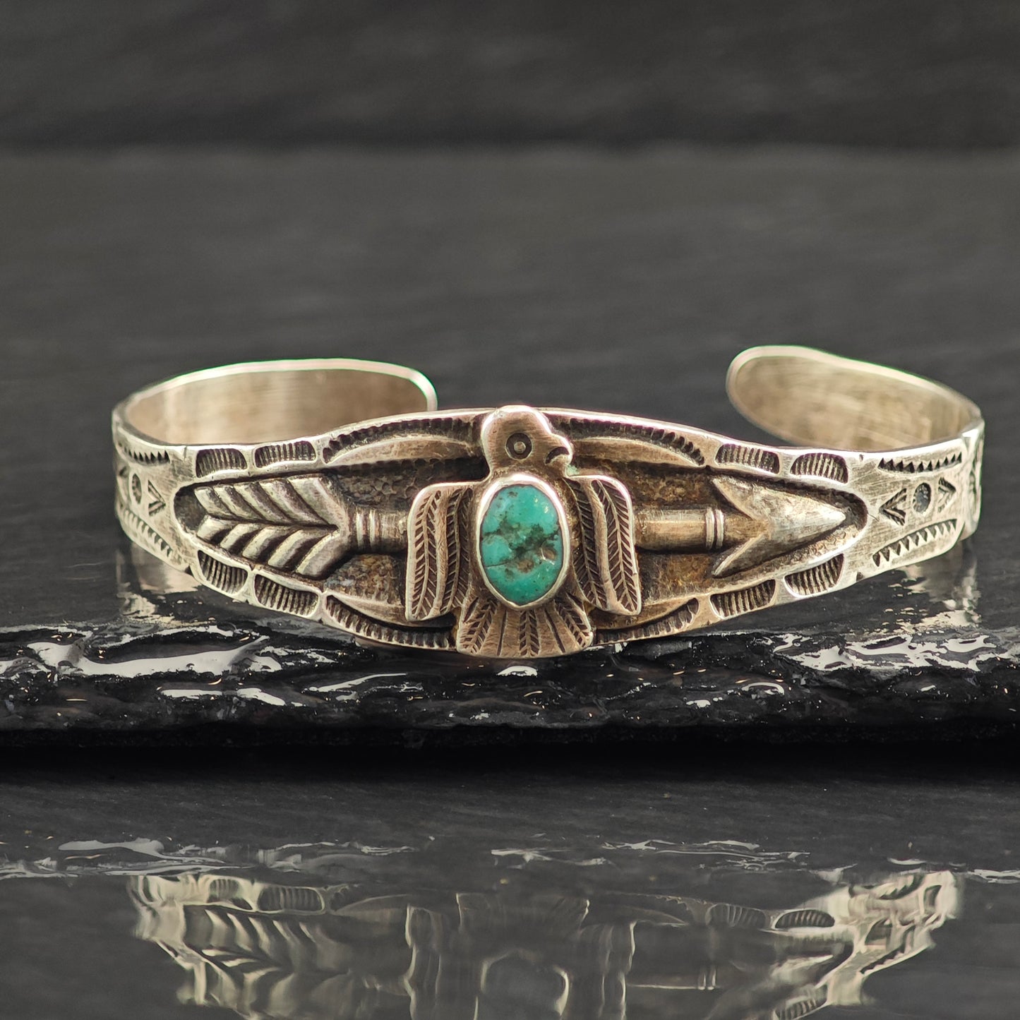 Vintage Native American Thunderbird Turquoise Stamped Sterling Silver Cuff Bracelet 6 1/4" BR3078