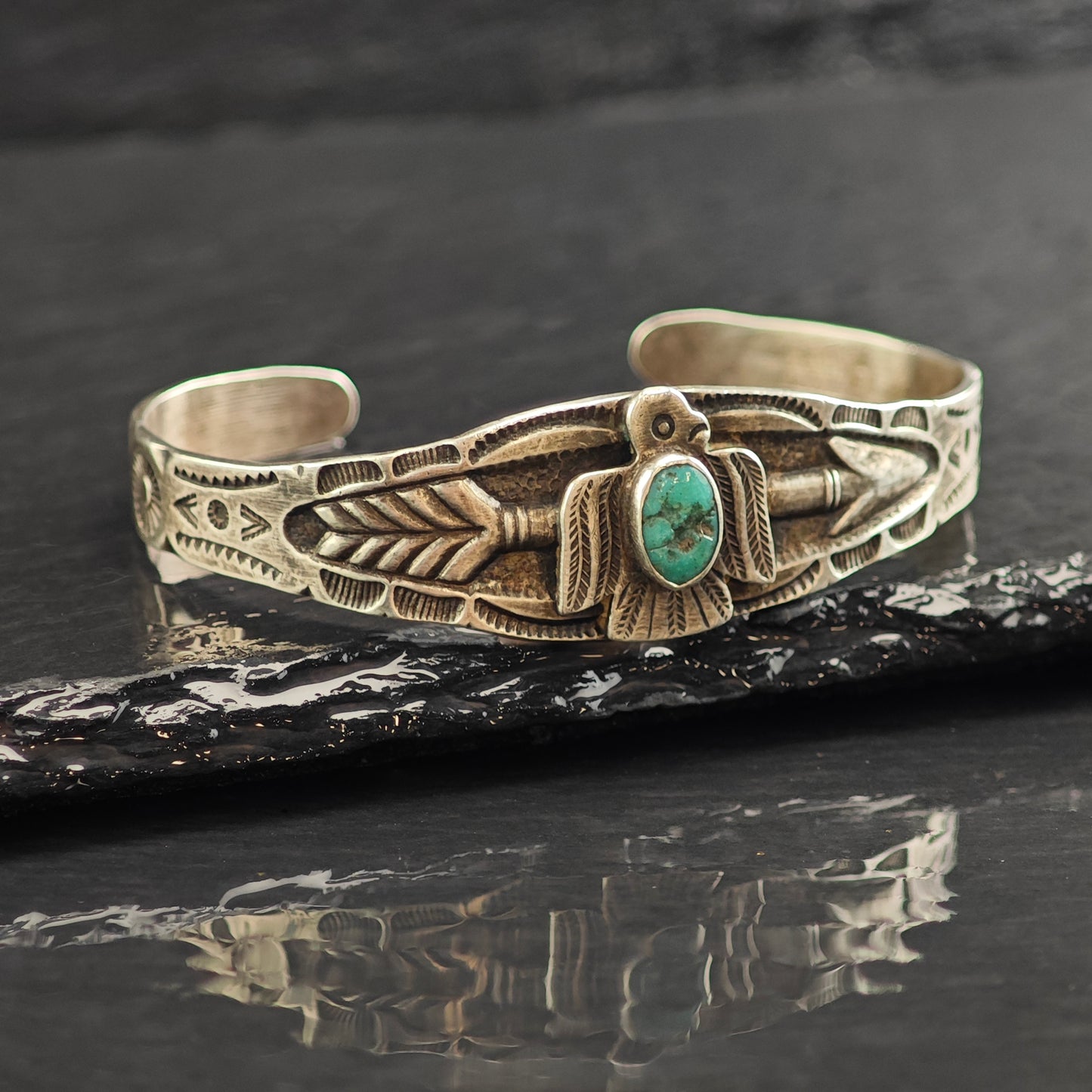 Vintage Native American Thunderbird Turquoise Stamped Sterling Silver Cuff Bracelet 6 1/4" BR3078