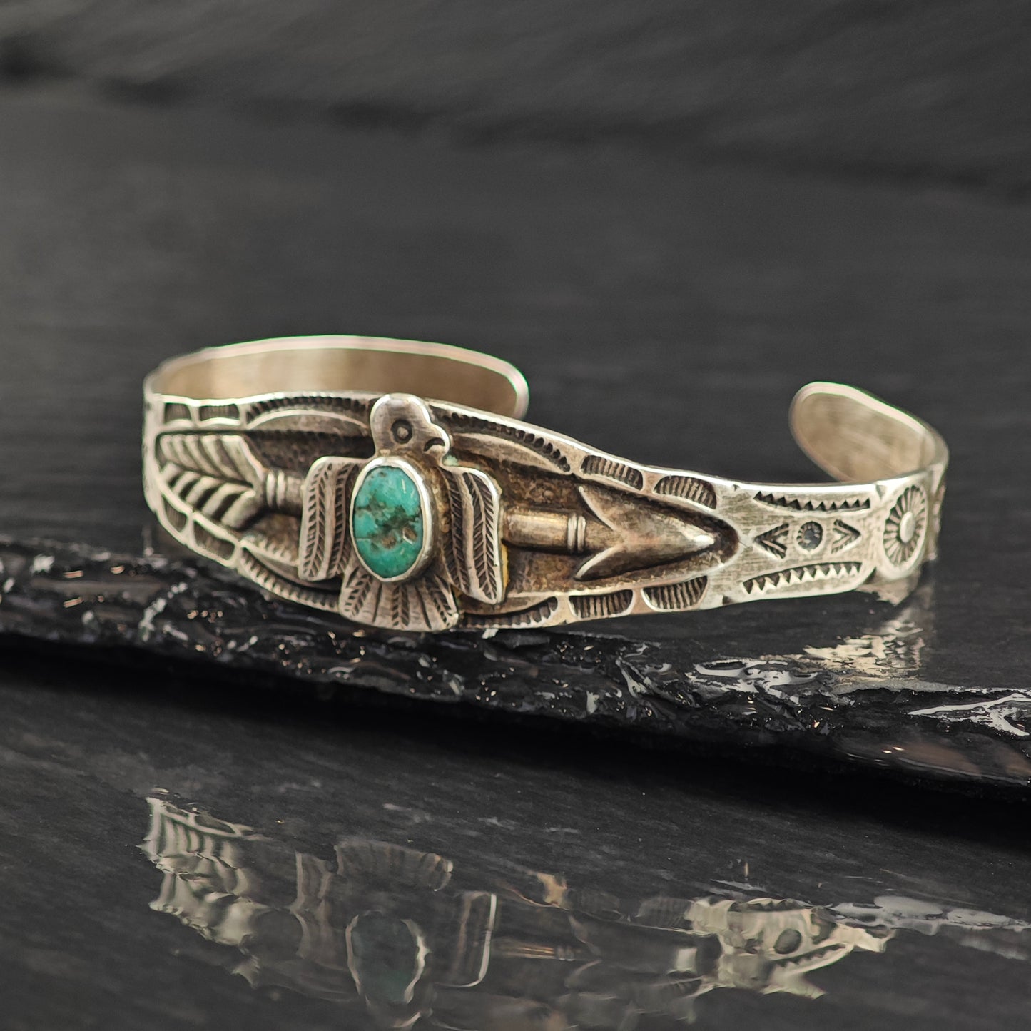 Vintage Native American Thunderbird Turquoise Stamped Sterling Silver Cuff Bracelet 6 1/4" BR3078
