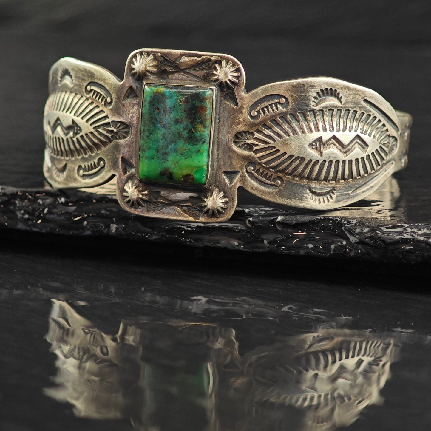 Fred Harvey Era Turquoise Stamped Arrow Sterling Silver Cuff Bracelet 6 1/4" BR3080