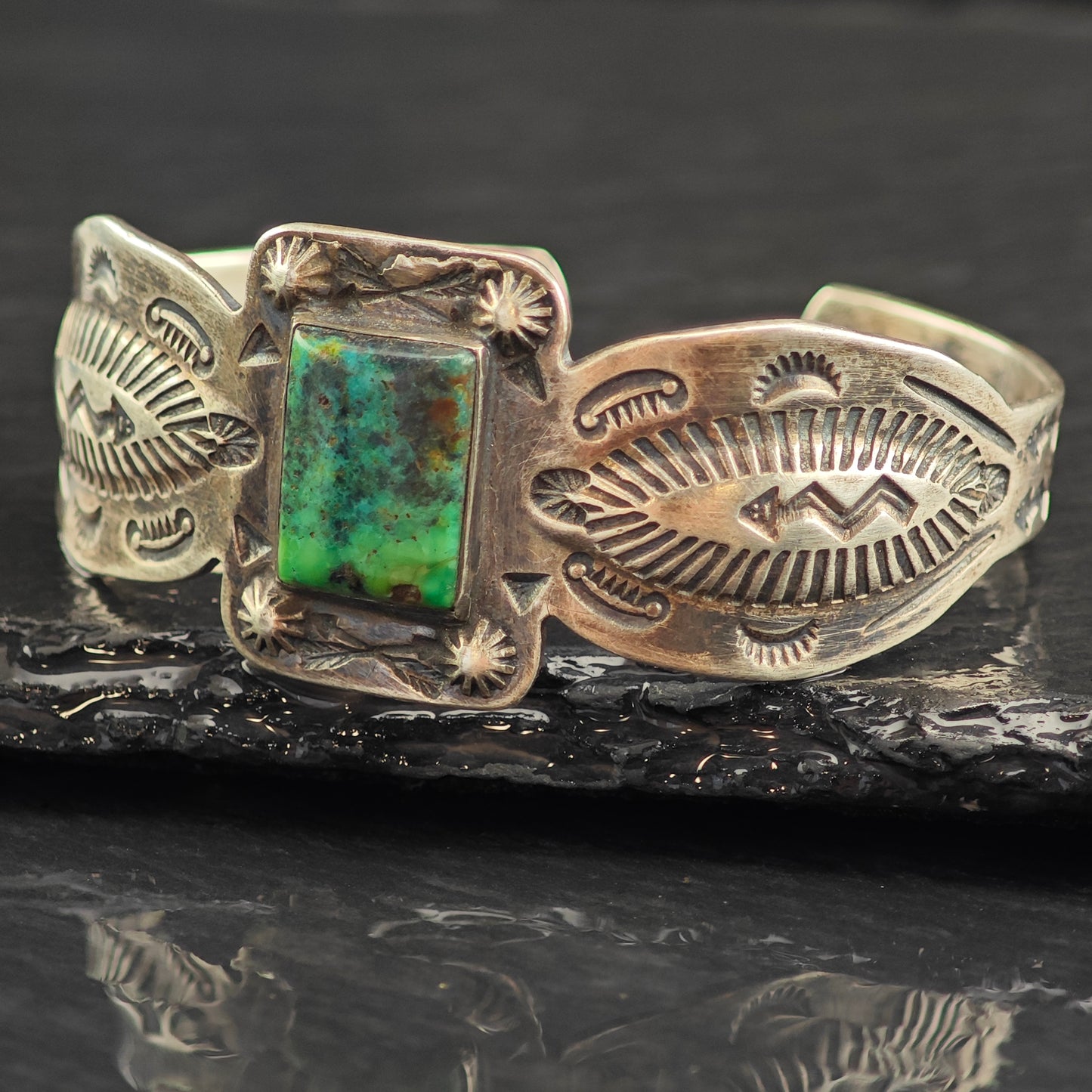 Fred Harvey Era Turquoise Stamped Arrow Sterling Silver Cuff Bracelet 6 1/4" BR3080