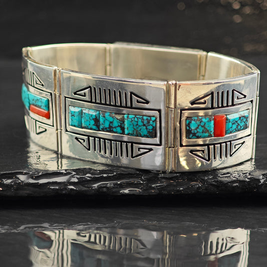 Vintage Turquoise & Coral Inlay Geometric Stamped Sterling Silver Link Bracelet 6 1/2"  BR3081