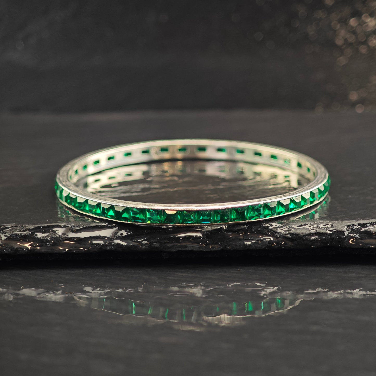 AS IS Art Deco Green Paste Sterling Silver Bangle Bracelet 7 3/4" BR3083
