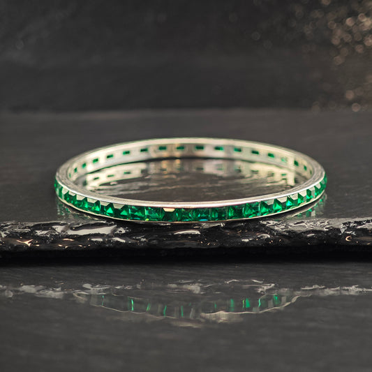 AS IS Art Deco Green Paste Sterling Silver Bangle Bracelet 7 3/4" BR3083