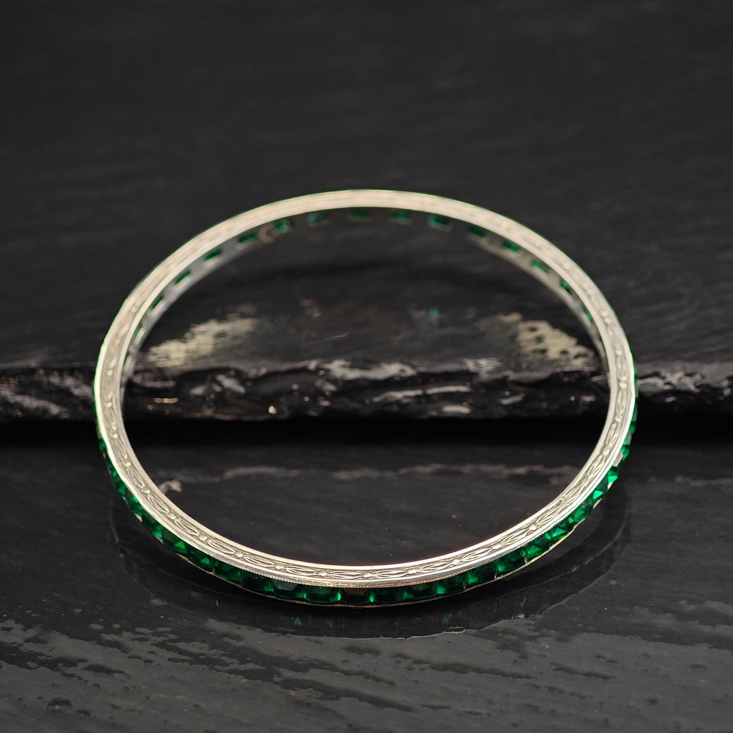 AS IS Art Deco Green Paste Sterling Silver Bangle Bracelet 7 3/4" BR3083