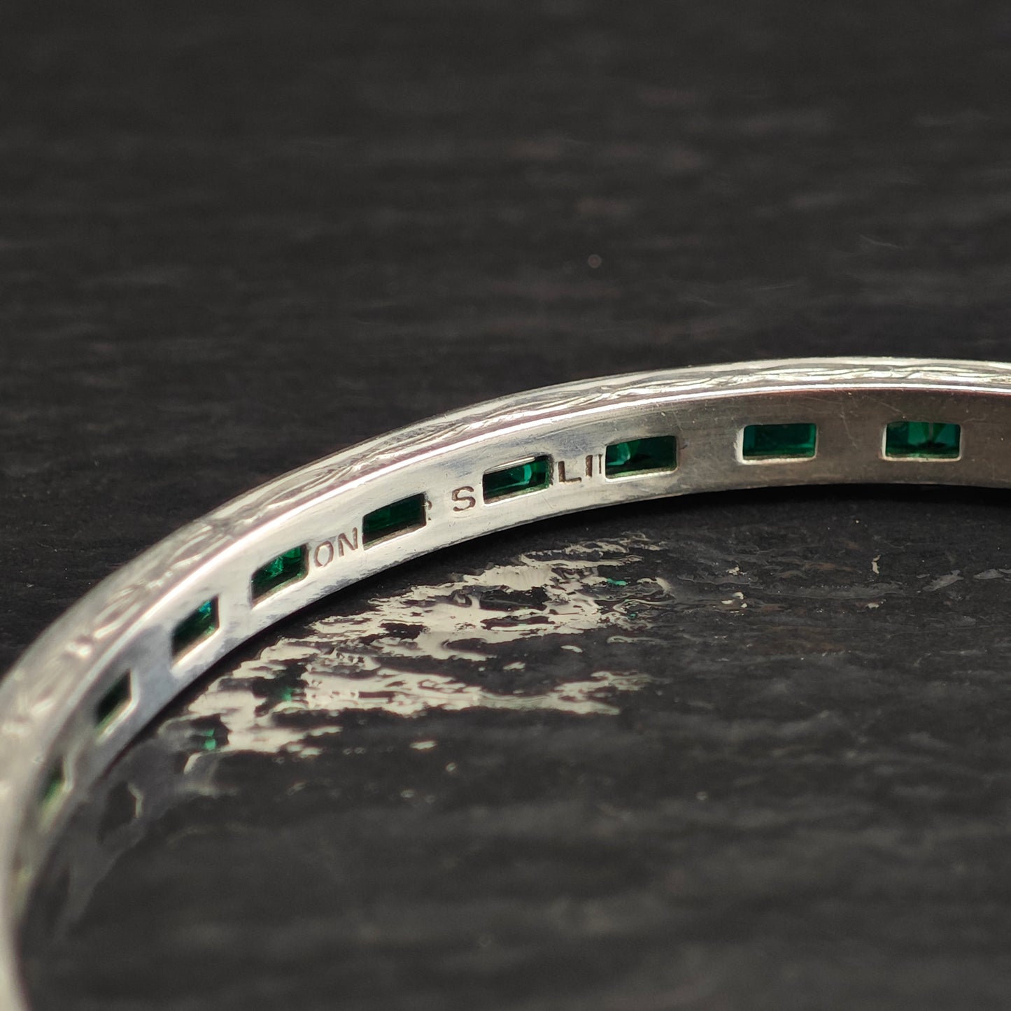 AS IS Art Deco Green Paste Sterling Silver Bangle Bracelet 7 3/4" BR3083