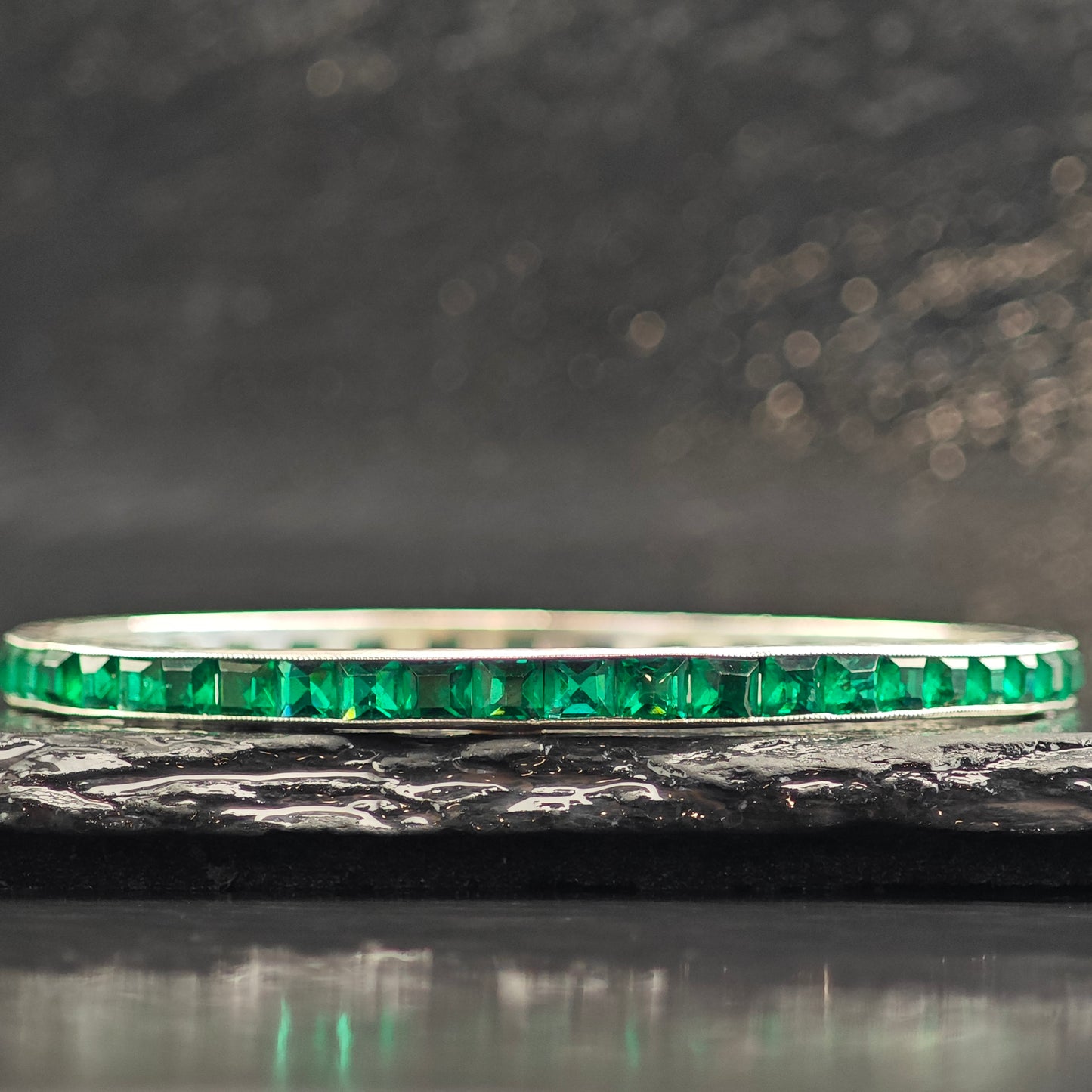 AS IS Art Deco Green Paste Sterling Silver Bangle Bracelet 7 3/4" BR3083