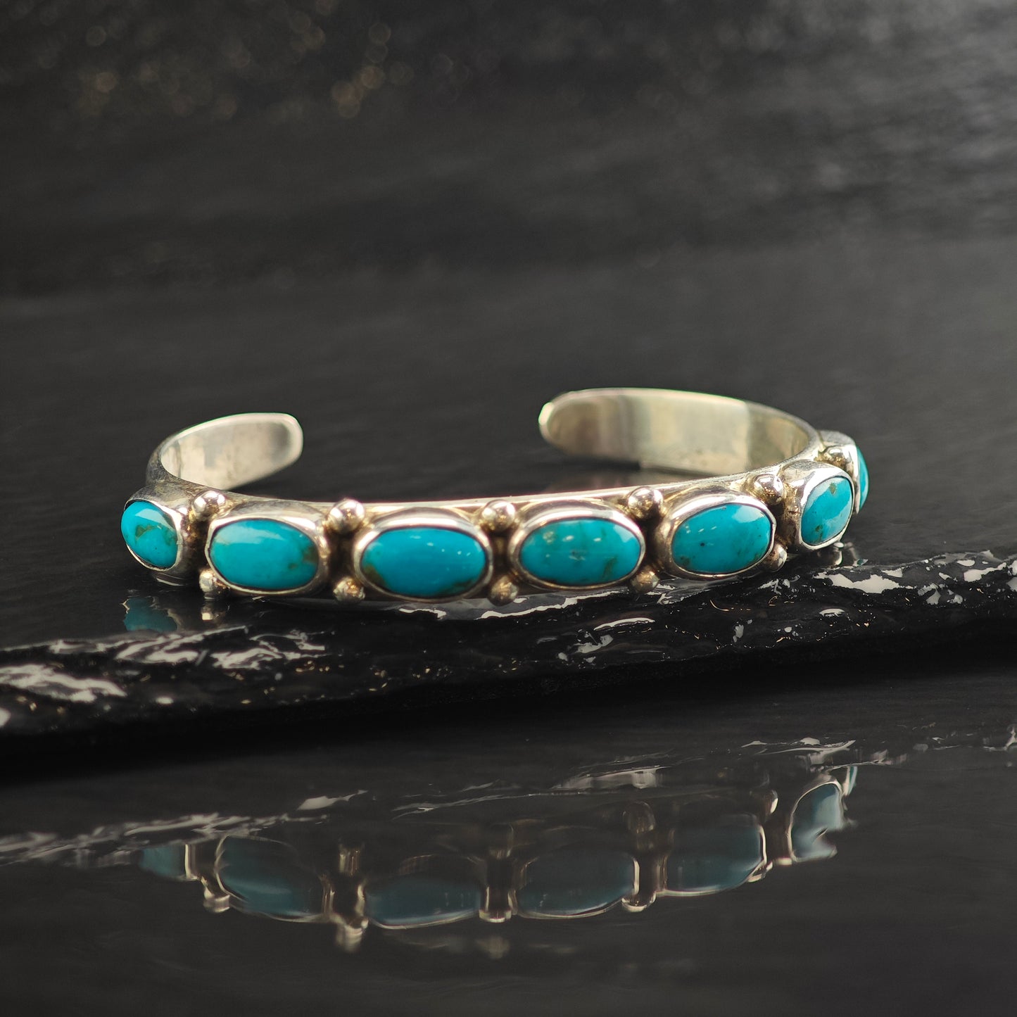 Mike Platero Turquoise Row Cuff Bracelet Sterling Silver 6 1/2" BR3084