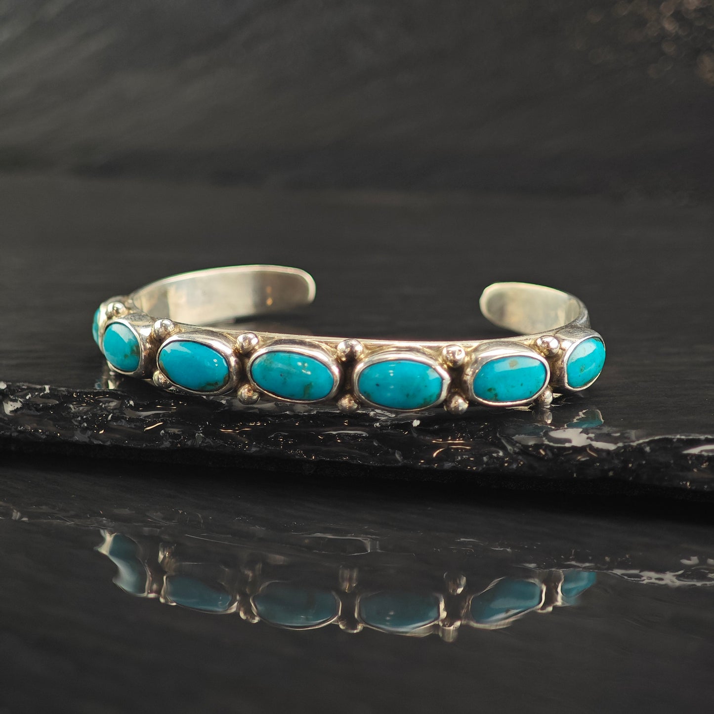 Mike Platero Turquoise Row Cuff Bracelet Sterling Silver 6 1/2" BR3084