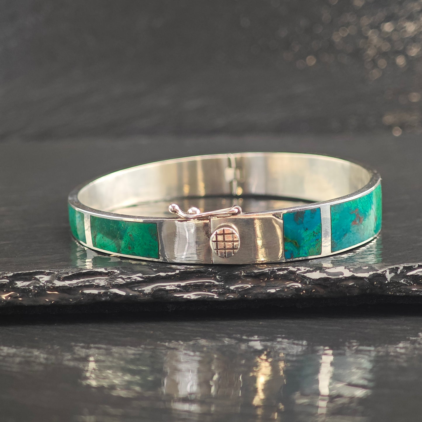 Vintage Chrysocolla Inlay Panel Sterling Silver Bangle Bracelet 7"  BR3087