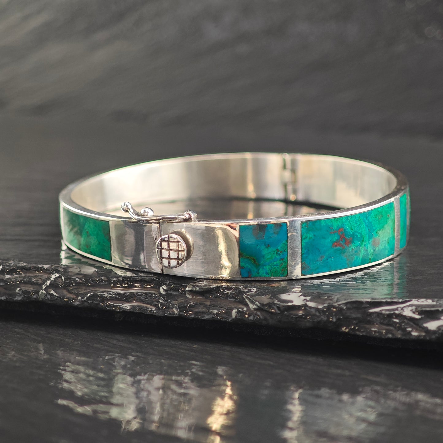 Vintage Chrysocolla Inlay Panel Sterling Silver Bangle Bracelet 7"  BR3087