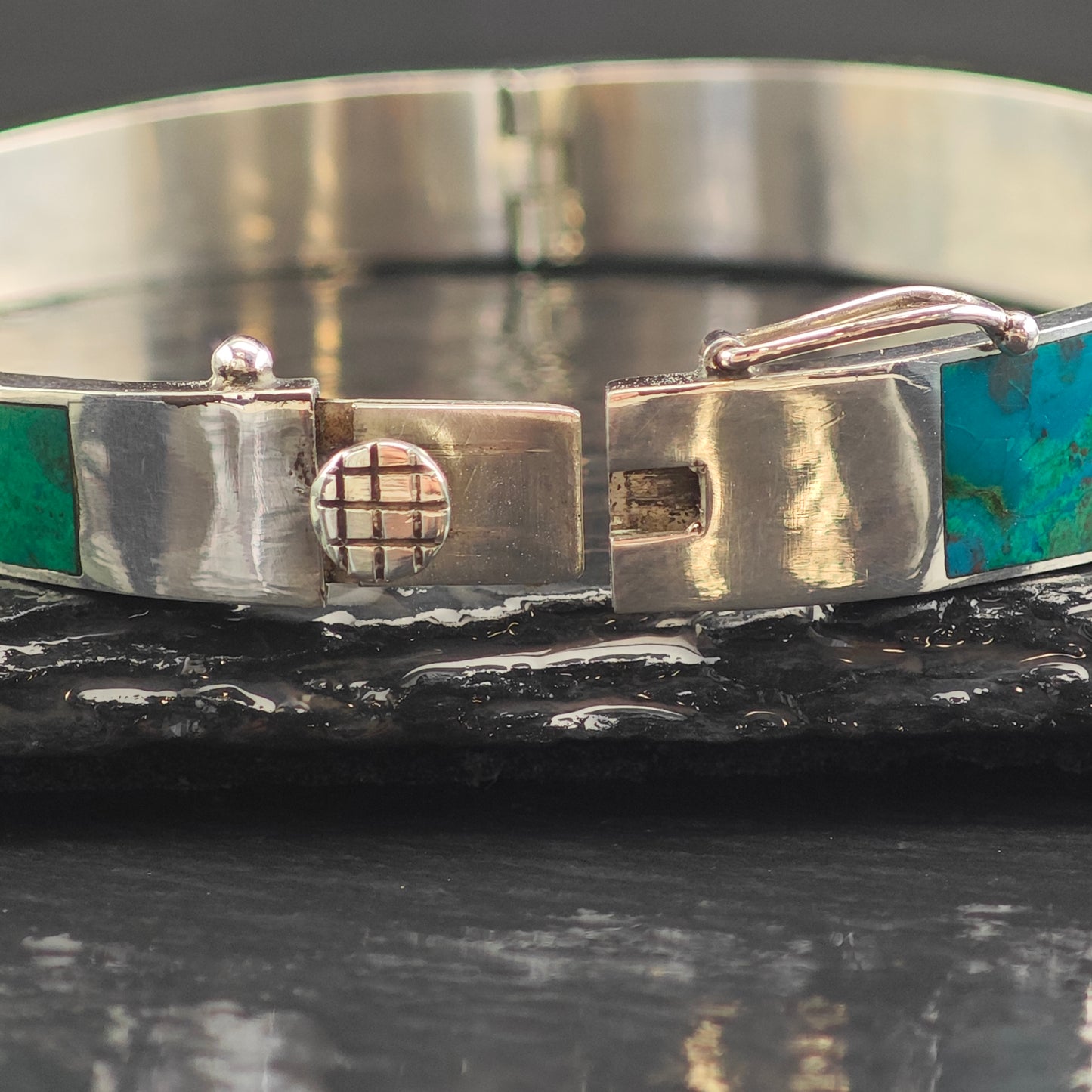 Vintage Chrysocolla Inlay Panel Sterling Silver Bangle Bracelet 7"  BR3087
