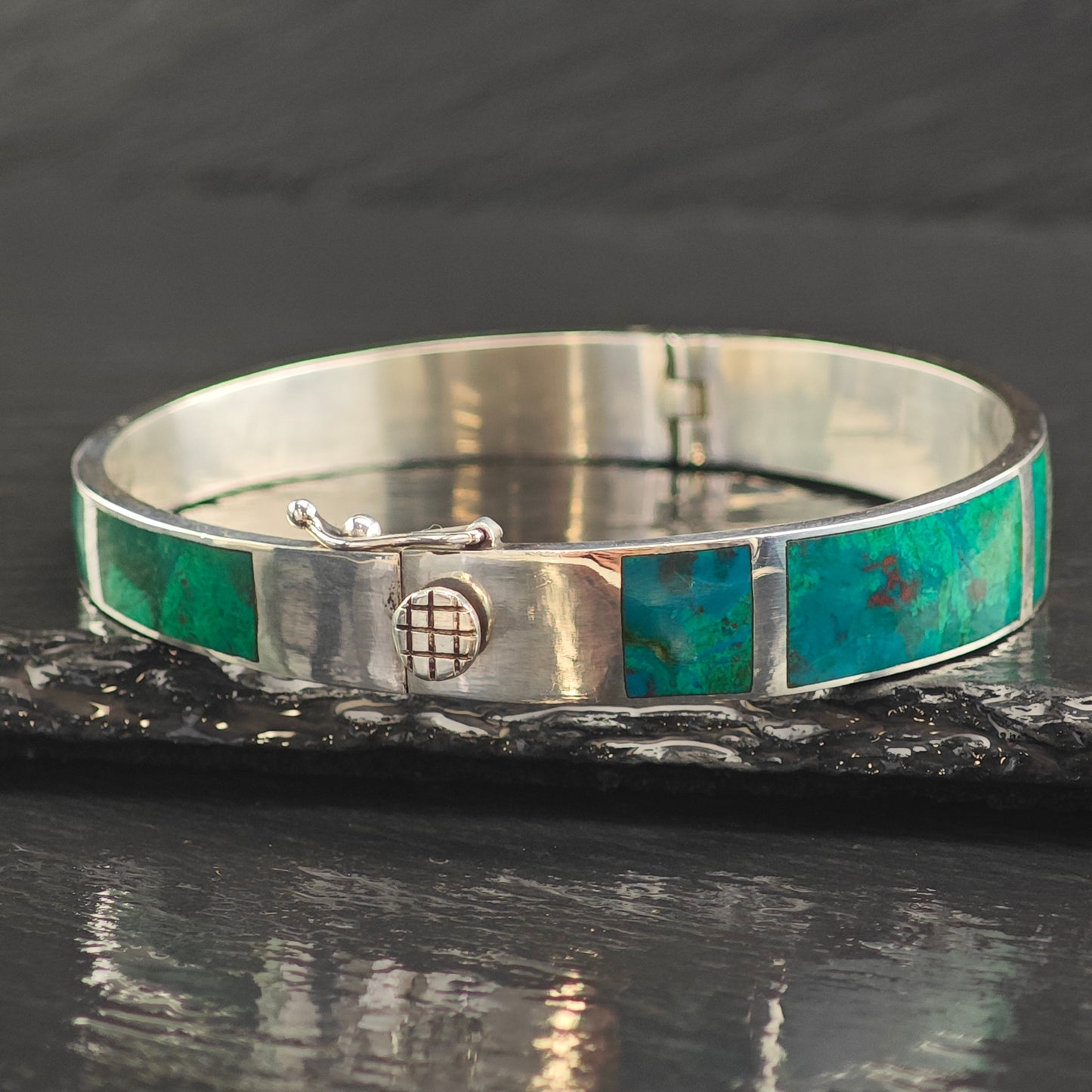 Vintage Chrysocolla Inlay Panel Sterling Silver Bangle Bracelet 7"  BR3087