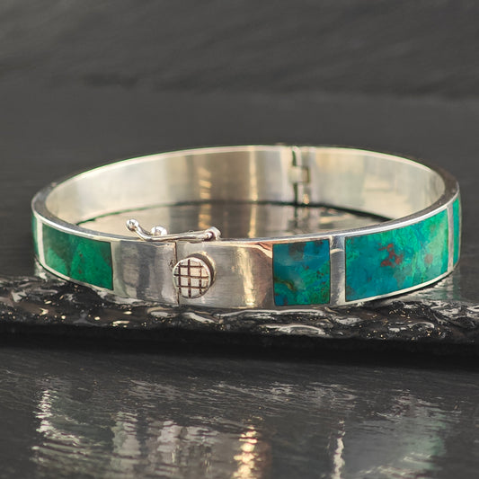 Vintage Chrysocolla Inlay Panel Sterling Silver Bangle Bracelet 7"  BR3087