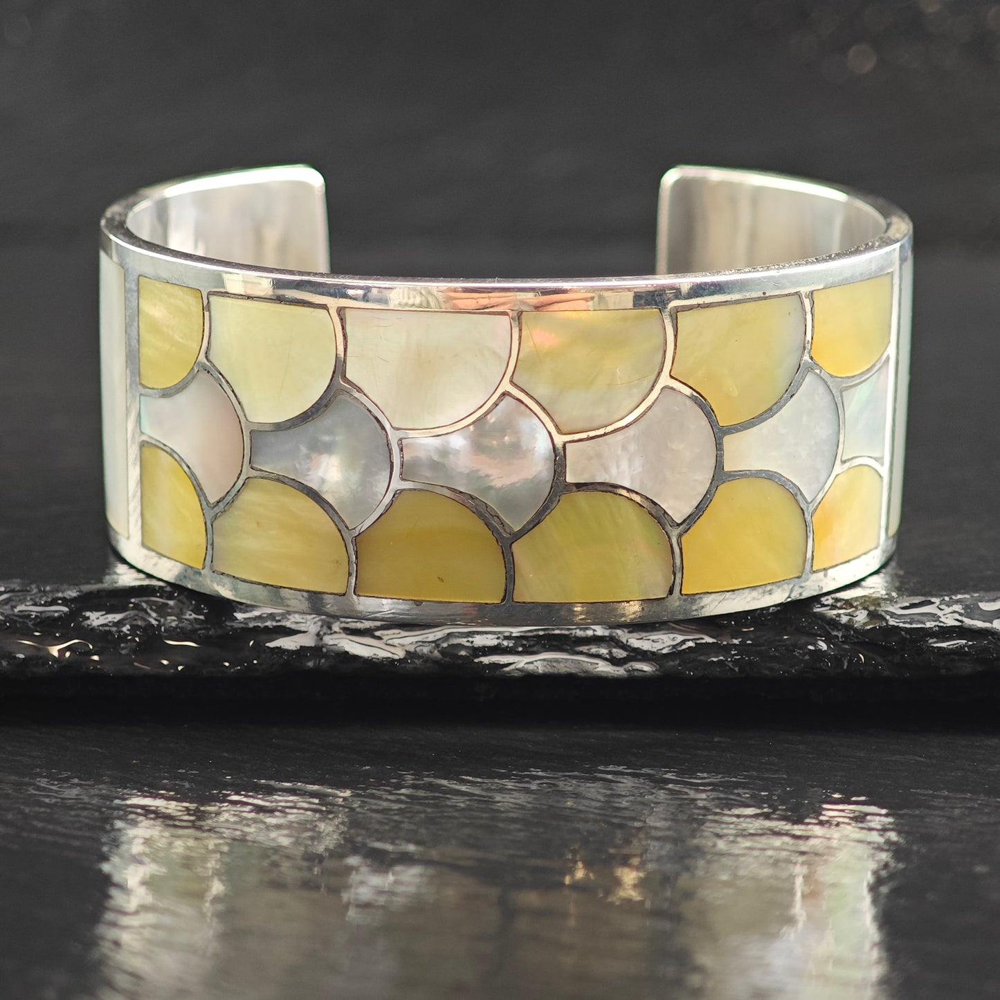 Vintage Zuni Mother of Pearl Inlay Sterling Silver Cuff Bracelet 6 1/4" BR3089