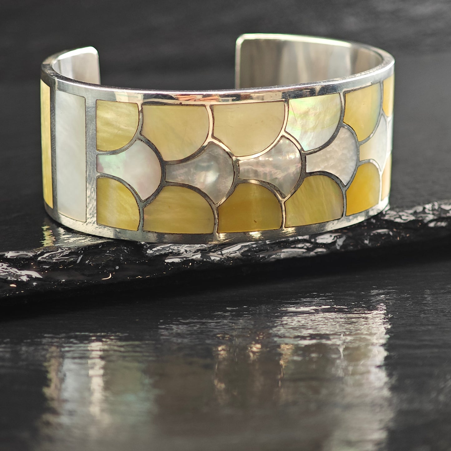 Vintage Zuni Mother of Pearl Inlay Sterling Silver Cuff Bracelet 6 1/4" BR3089