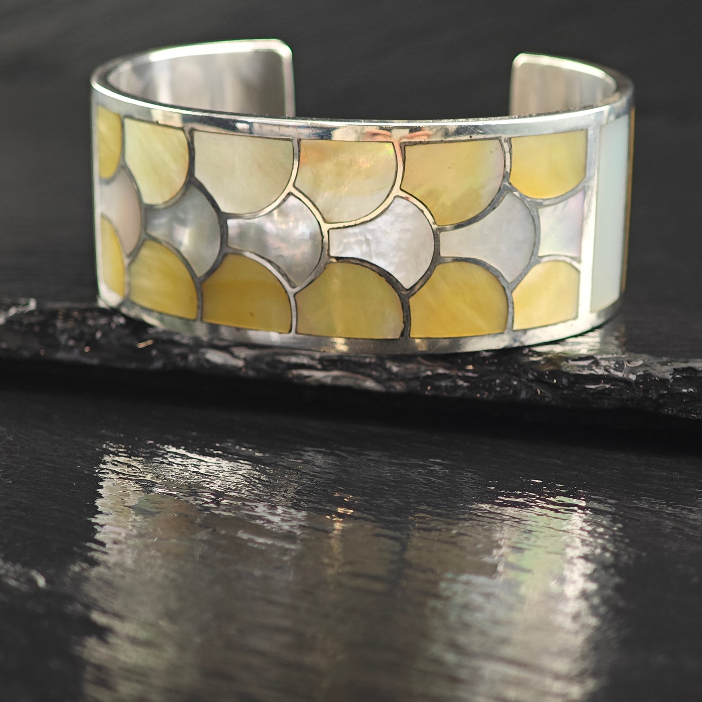 Vintage Zuni Mother of Pearl Inlay Sterling Silver Cuff Bracelet 6 1/4" BR3089
