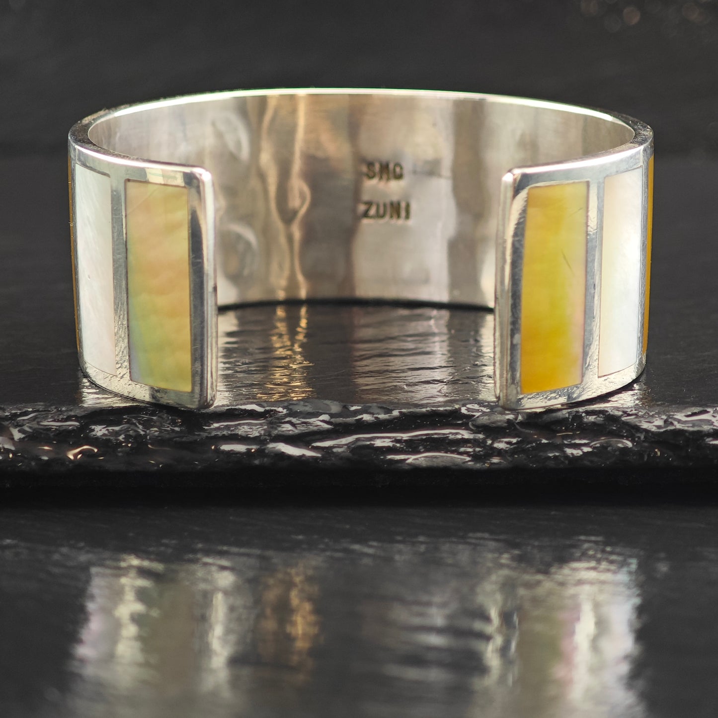 Vintage Zuni Mother of Pearl Inlay Sterling Silver Cuff Bracelet 6 1/4" BR3089