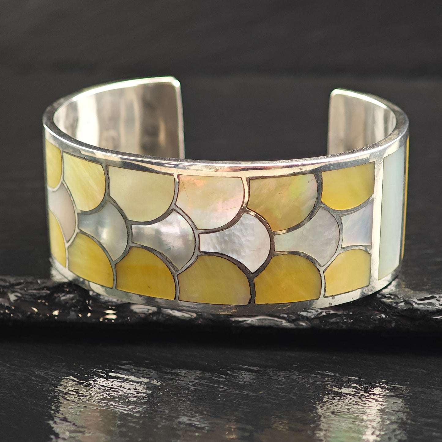 Vintage Zuni Mother of Pearl Inlay Sterling Silver Cuff Bracelet 6 1/4" BR3089