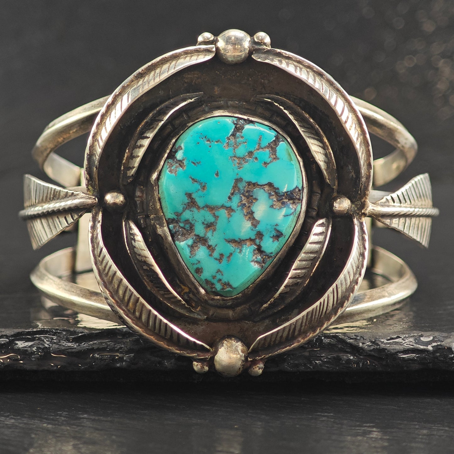 Vintage SW Large Turquoise Feather Design Sterling Silver Cuff Bracelet 7" BR3090