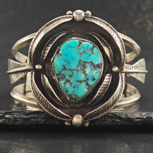 Vintage SW Large Turquoise Feather Design Sterling Silver Cuff Bracelet 7" BR3090