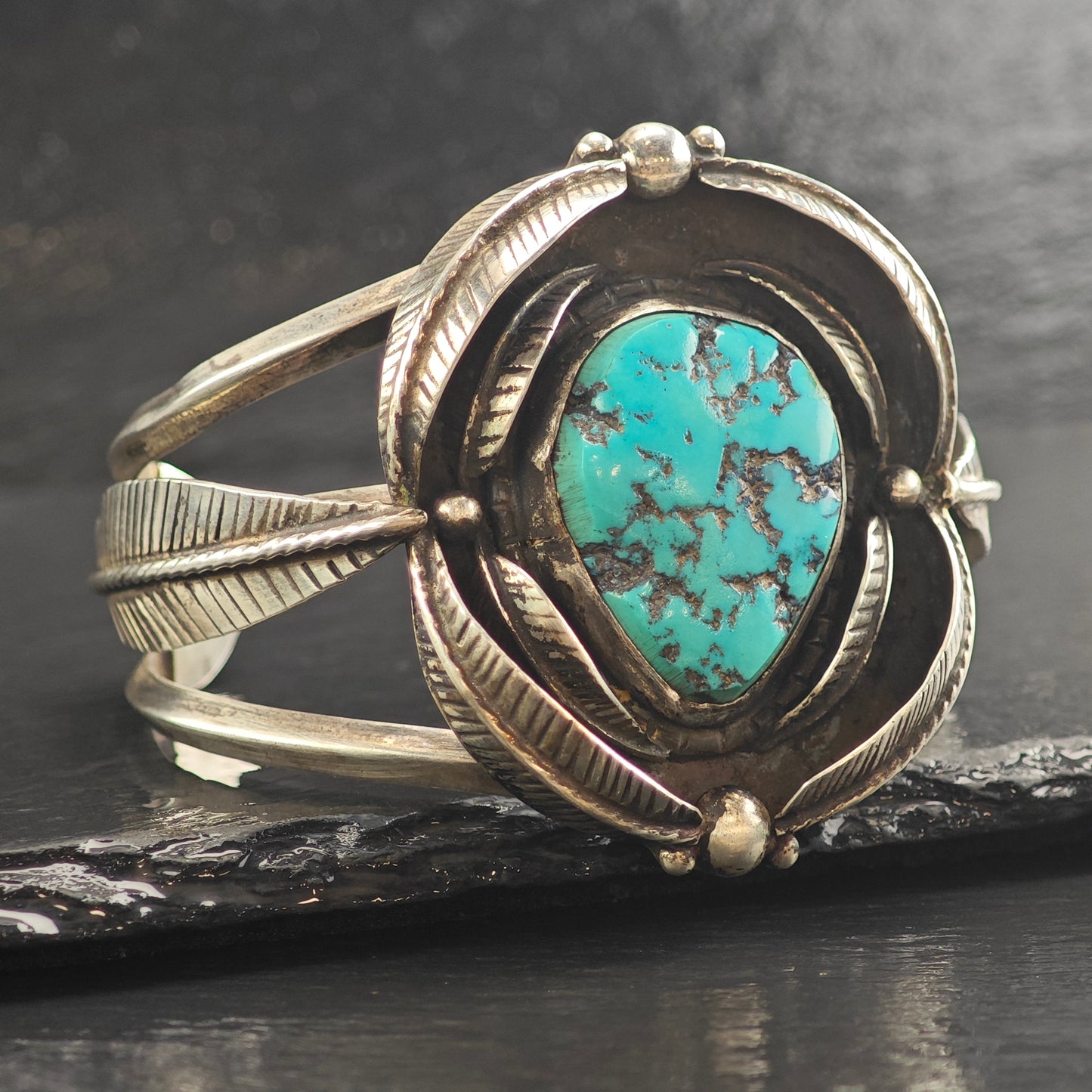 Vintage SW Large Turquoise Feather Design Sterling Silver Cuff Bracelet 7" BR3090