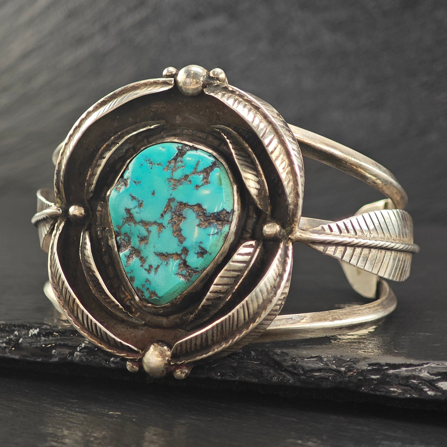 Vintage SW Large Turquoise Feather Design Sterling Silver Cuff Bracelet 7" BR3090