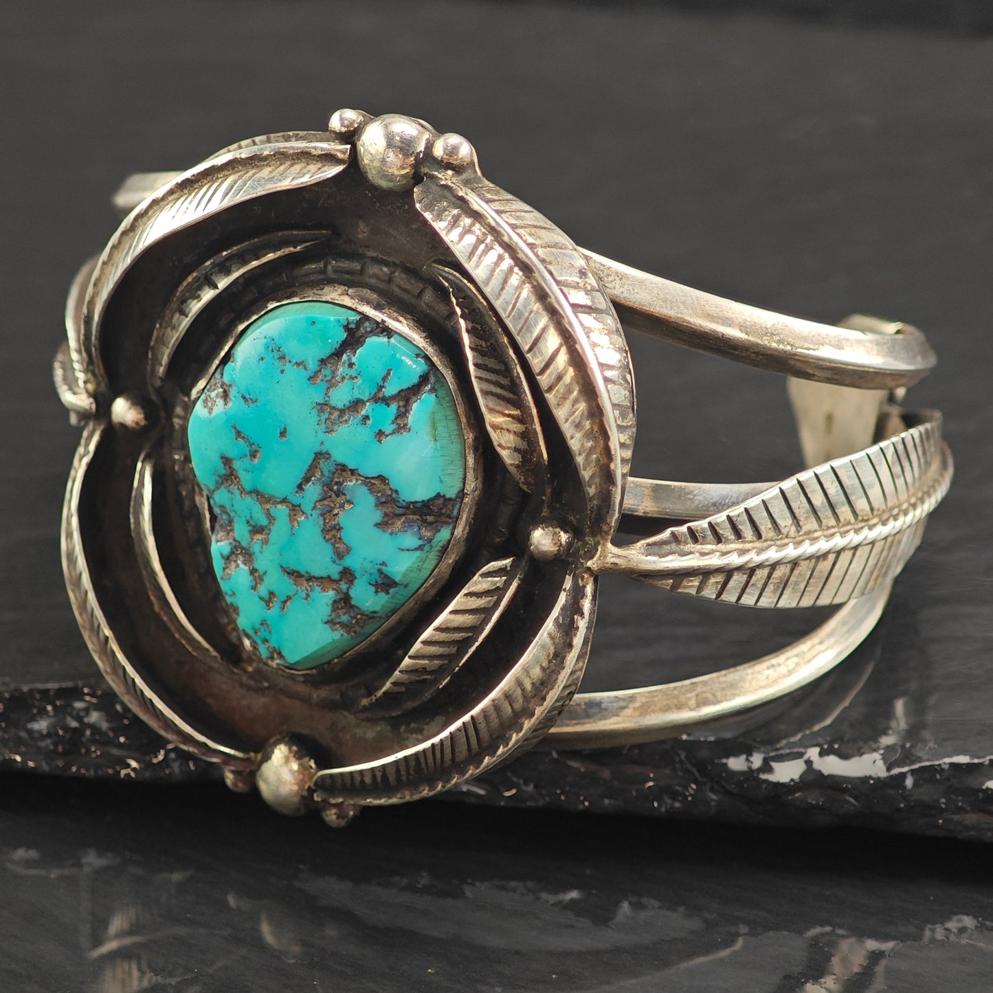 Vintage SW Large Turquoise Feather Design Sterling Silver Cuff Bracelet 7" BR3090
