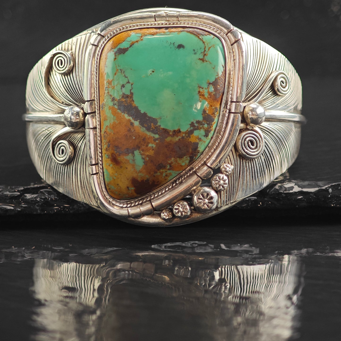 Vintage SW Large Green Turquoise Feather Design Sterling Silver Cuff Bracelet 7 1/4" BR3091