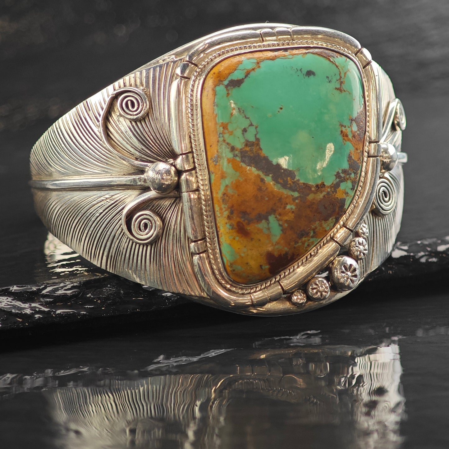 Vintage SW Large Green Turquoise Feather Design Sterling Silver Cuff Bracelet 7 1/4" BR3091