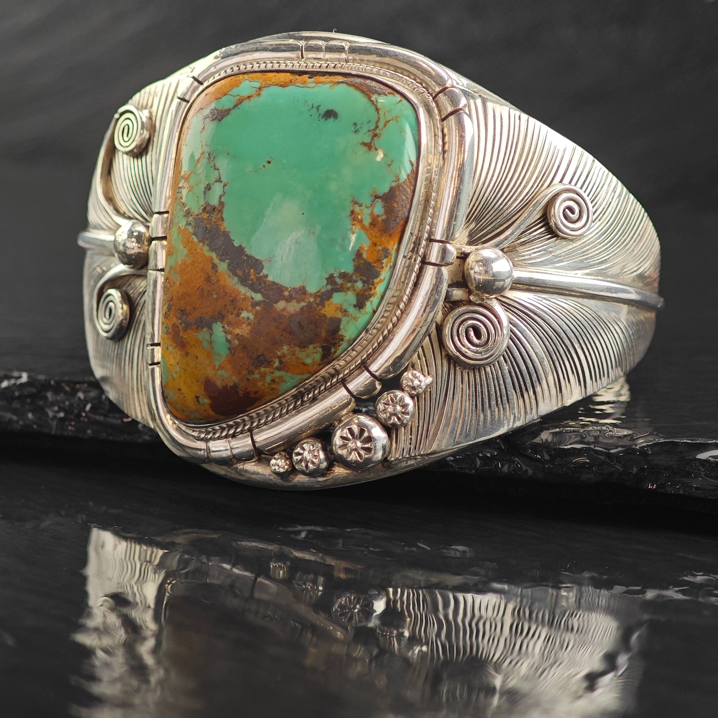 Vintage SW Large Green Turquoise Feather Design Sterling Silver Cuff Bracelet 7 1/4" BR3091