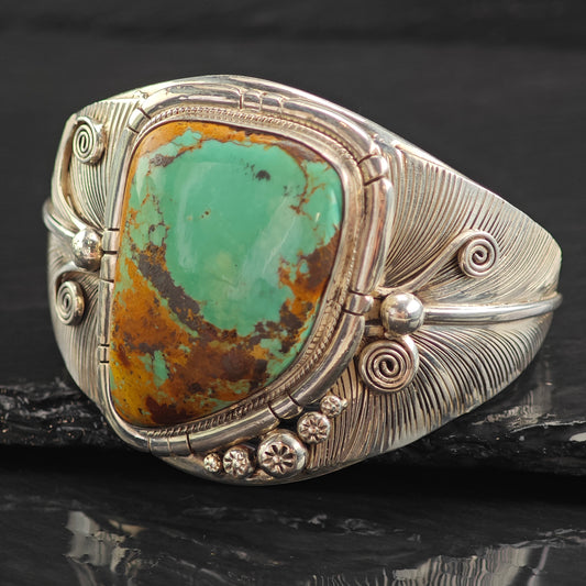 Vintage SW Large Green Turquoise Feather Design Sterling Silver Cuff Bracelet 7 1/4" BR3091