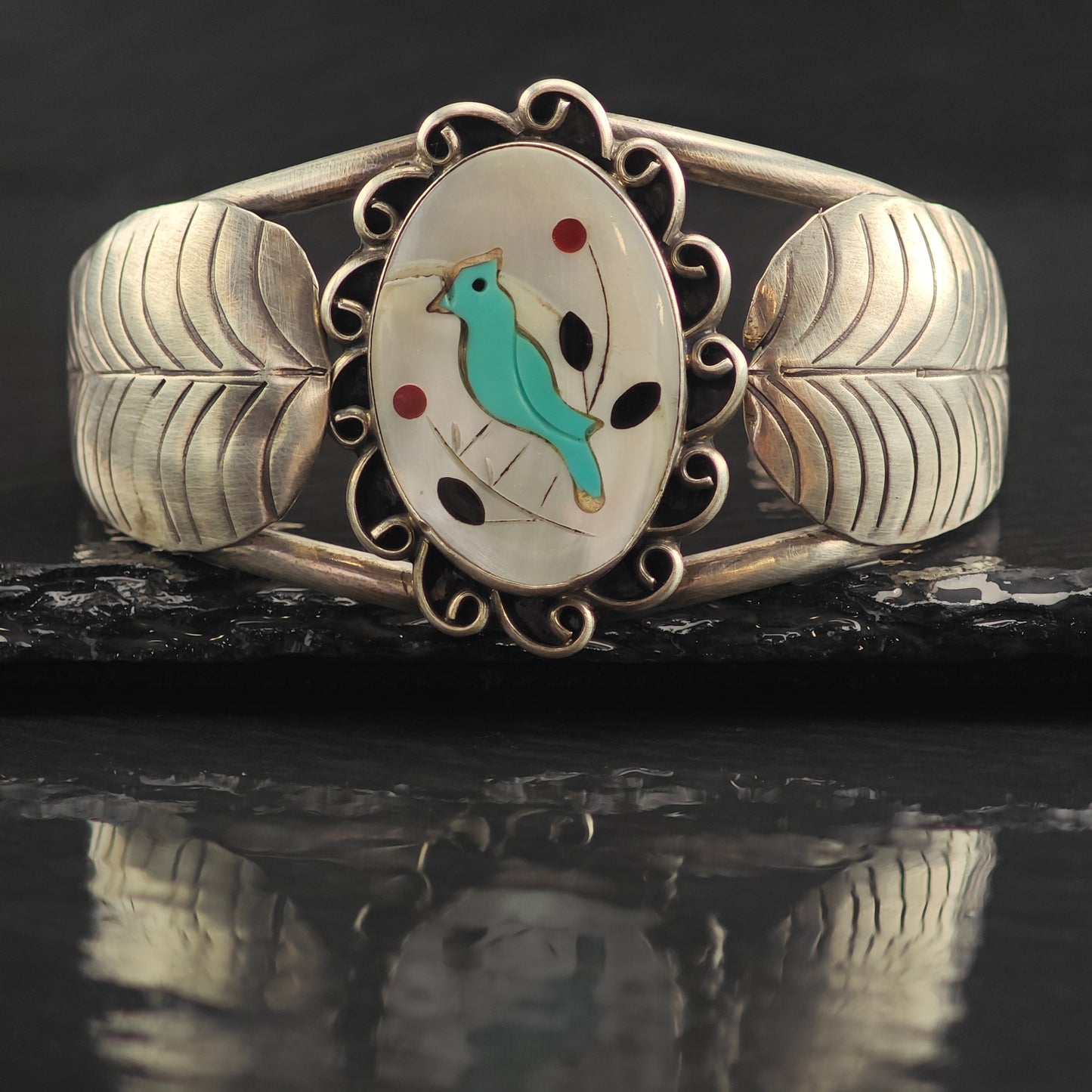 Vintage SW Turquoise Bird Inlay in MOP Sterling Silver Cuff Bracelet 7" BR3092