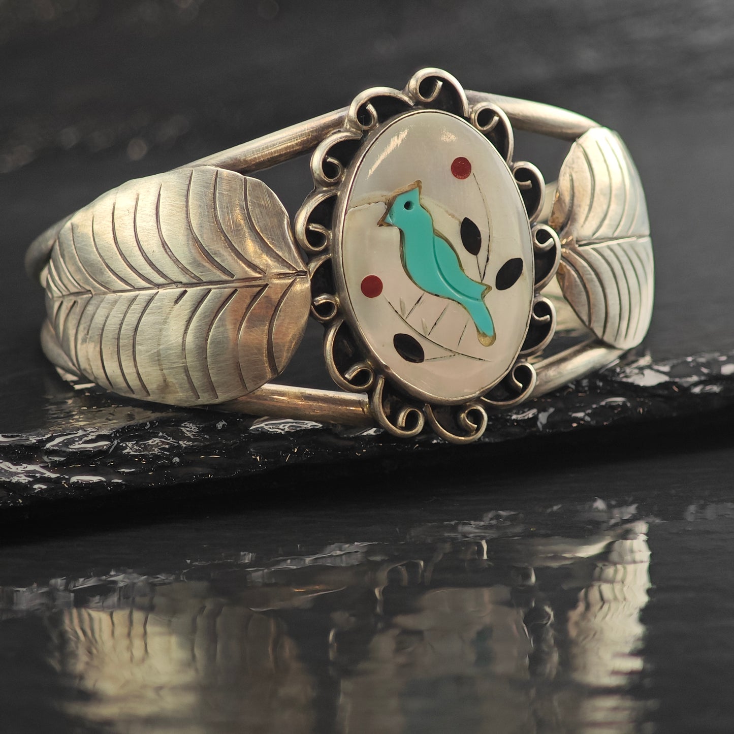 Vintage SW Turquoise Bird Inlay in MOP Sterling Silver Cuff Bracelet 7" BR3092