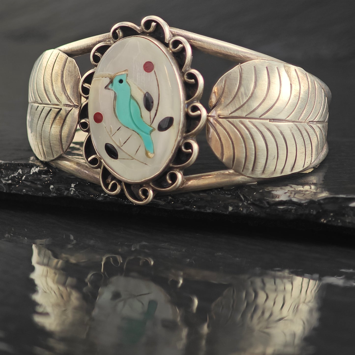 Vintage SW Turquoise Bird Inlay in MOP Sterling Silver Cuff Bracelet 7" BR3092