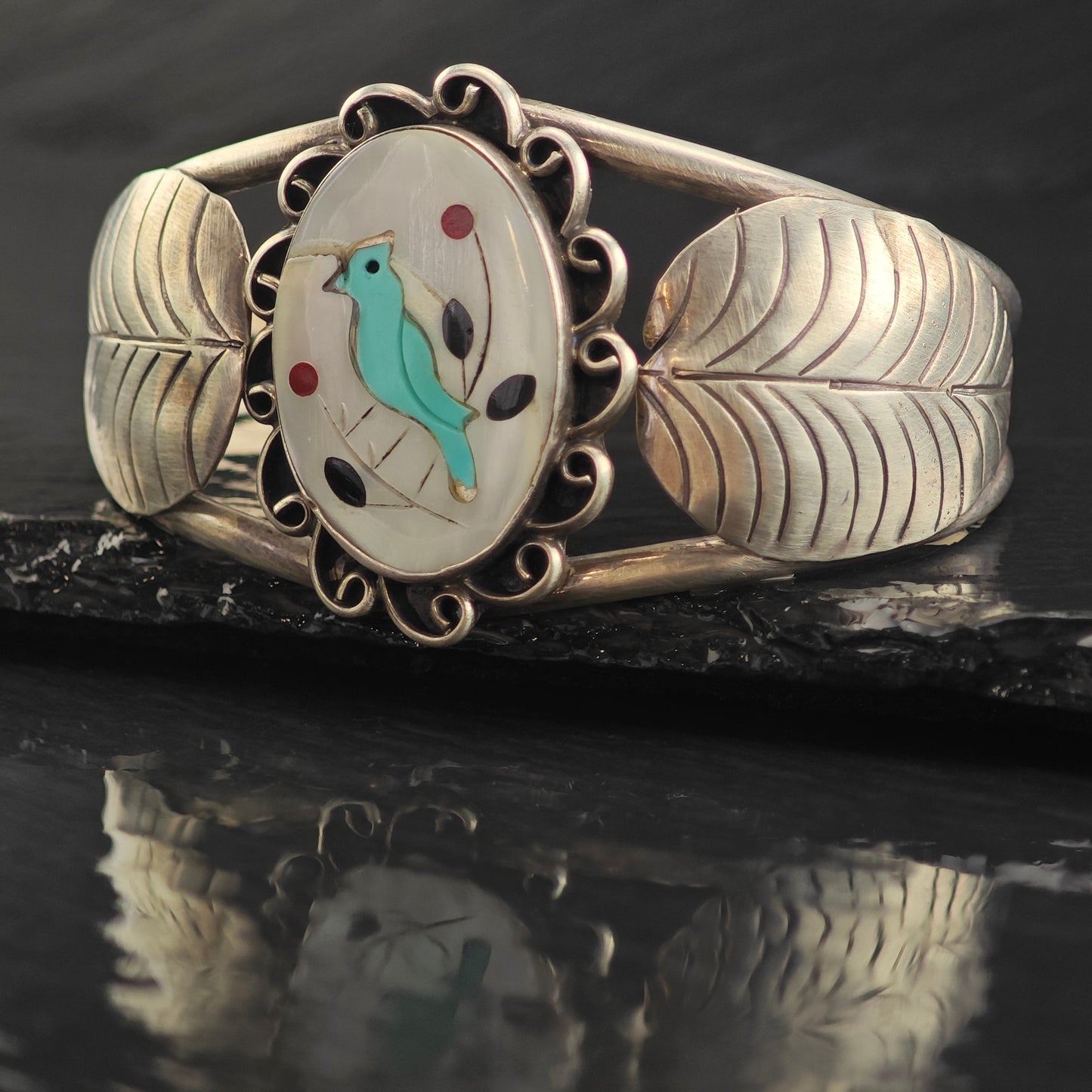 Vintage SW Turquoise Bird Inlay in MOP Sterling Silver Cuff Bracelet 7" BR3092