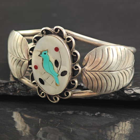 Vintage SW Turquoise Bird Inlay in MOP Sterling Silver Cuff Bracelet 7" BR3092