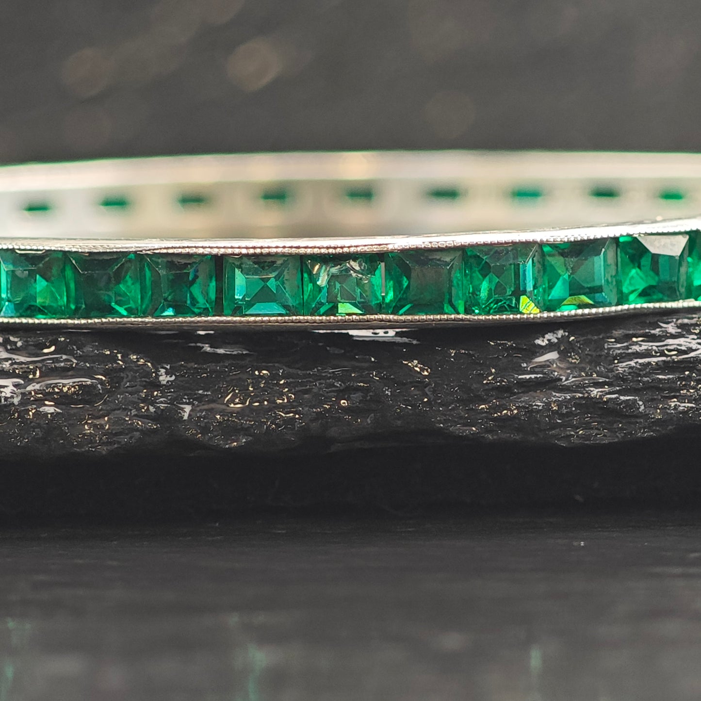AS IS Art Deco Green Paste Sterling Silver Bangle Bracelet 7 3/4" BR3083