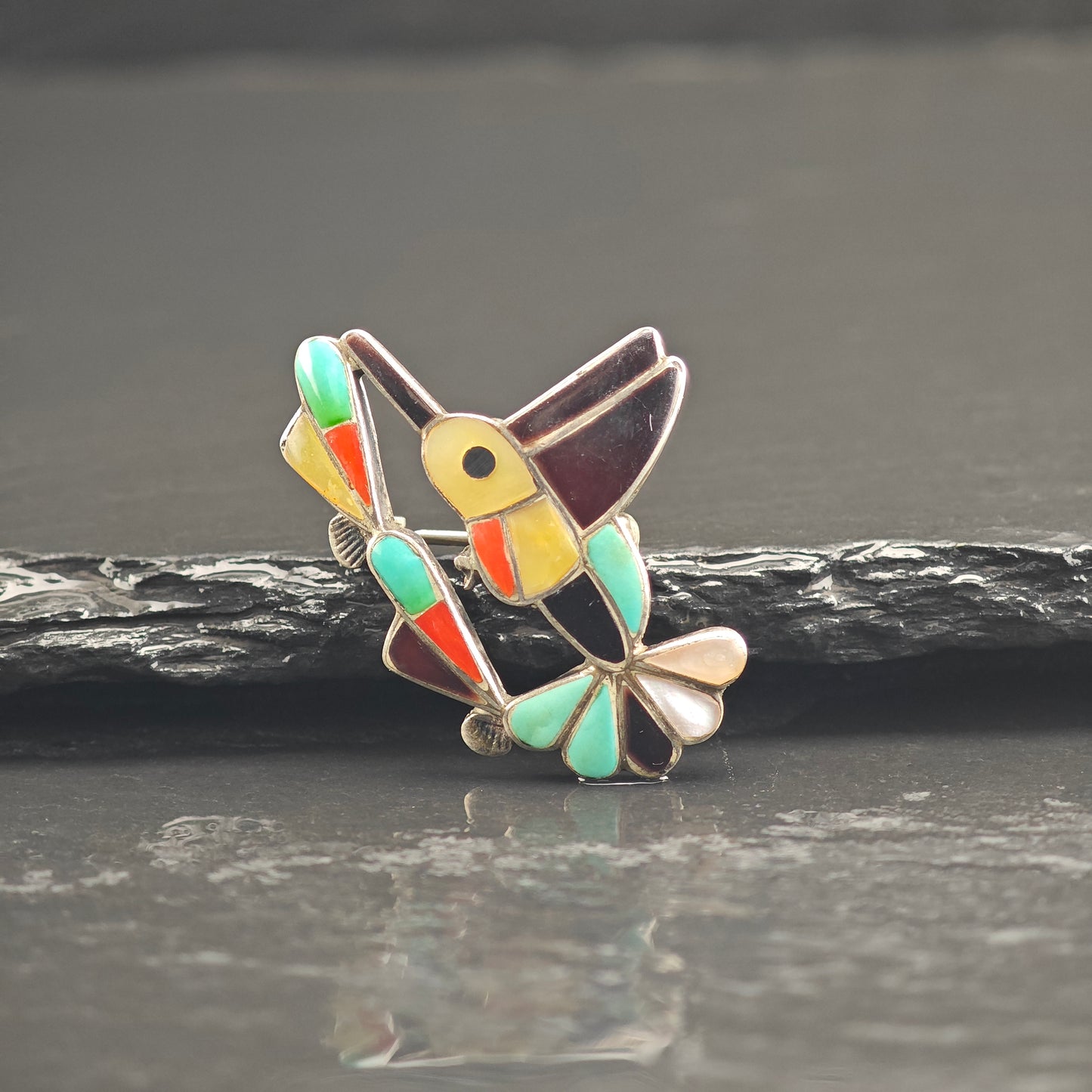 Zuni Bird Inlay MOP Turquoise Coral Sterling Silver Brooch Pendant B2177