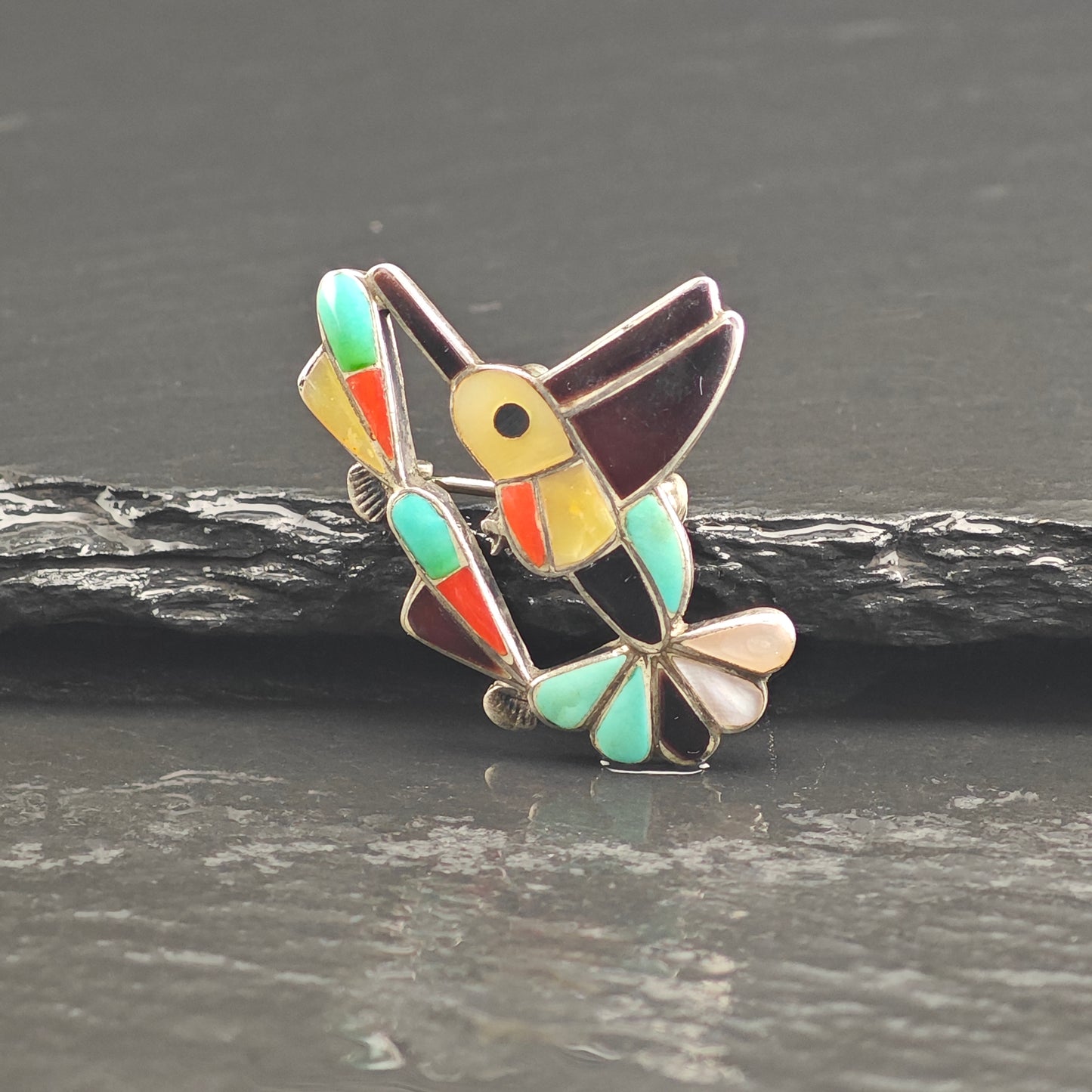 Zuni Bird Inlay MOP Turquoise Coral Sterling Silver Brooch Pendant B2177