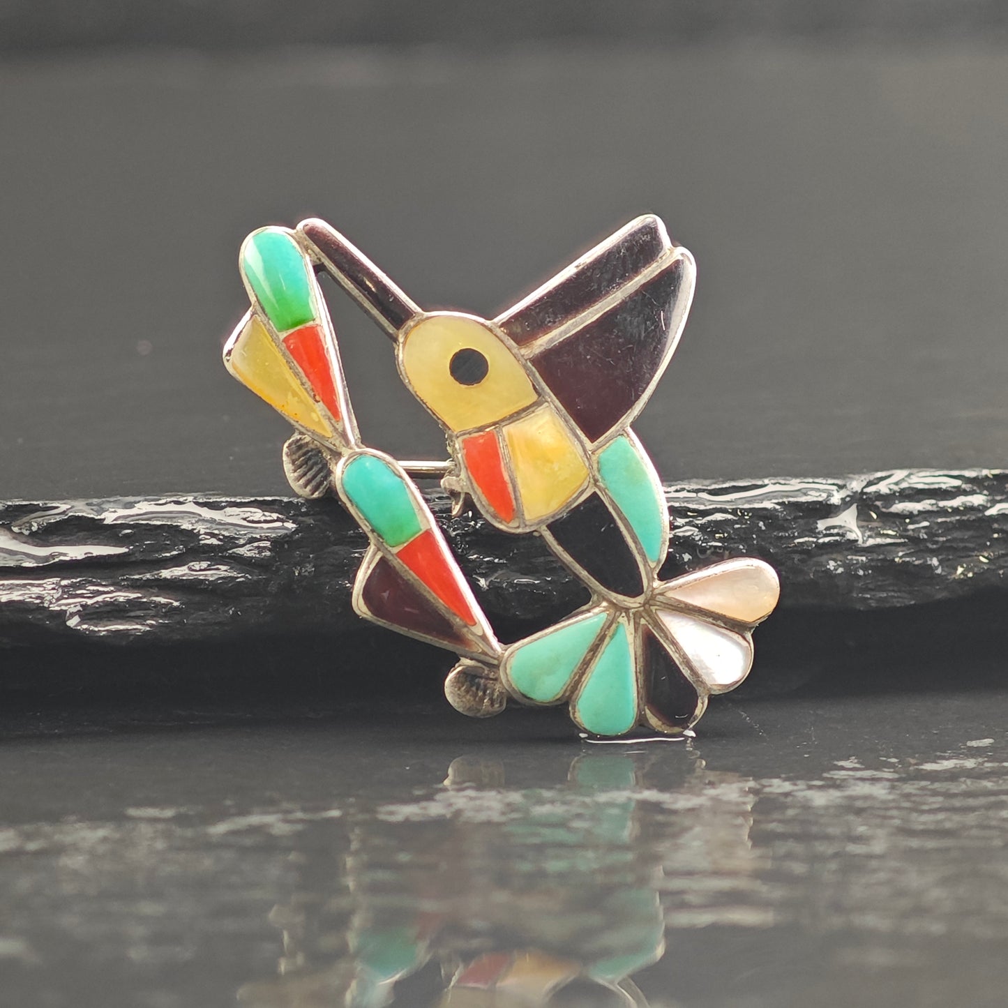 Zuni Bird Inlay MOP Turquoise Coral Sterling Silver Brooch Pendant B2177