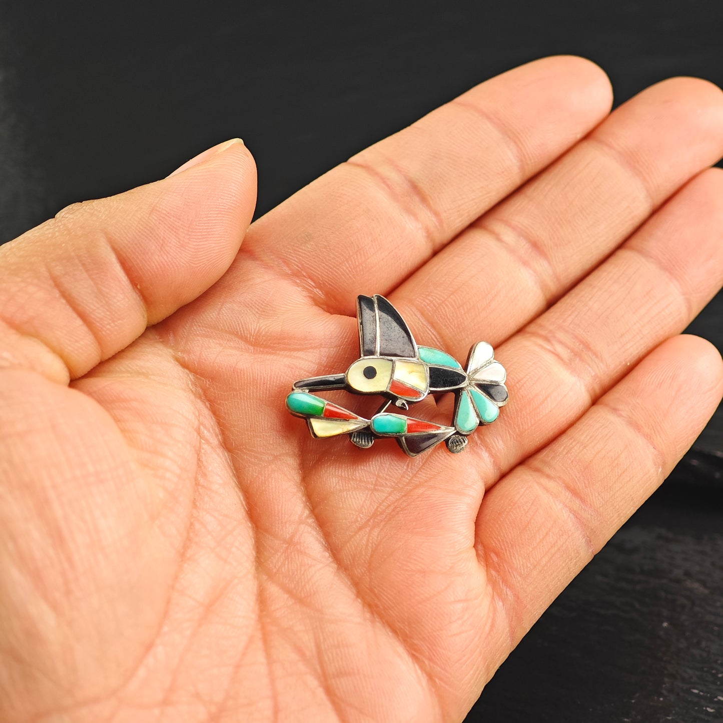 Zuni Bird Inlay MOP Turquoise Coral Sterling Silver Brooch Pendant B2177
