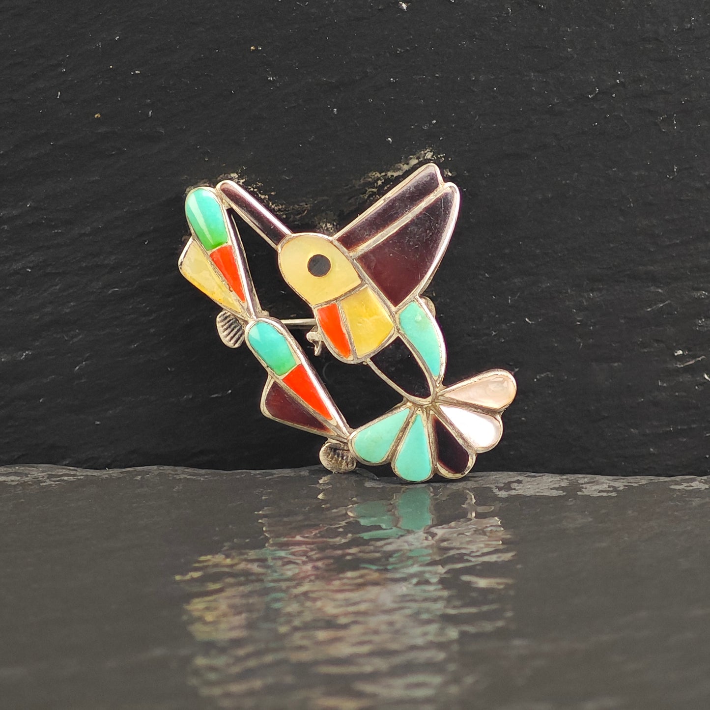 Zuni Bird Inlay MOP Turquoise Coral Sterling Silver Brooch Pendant B2177