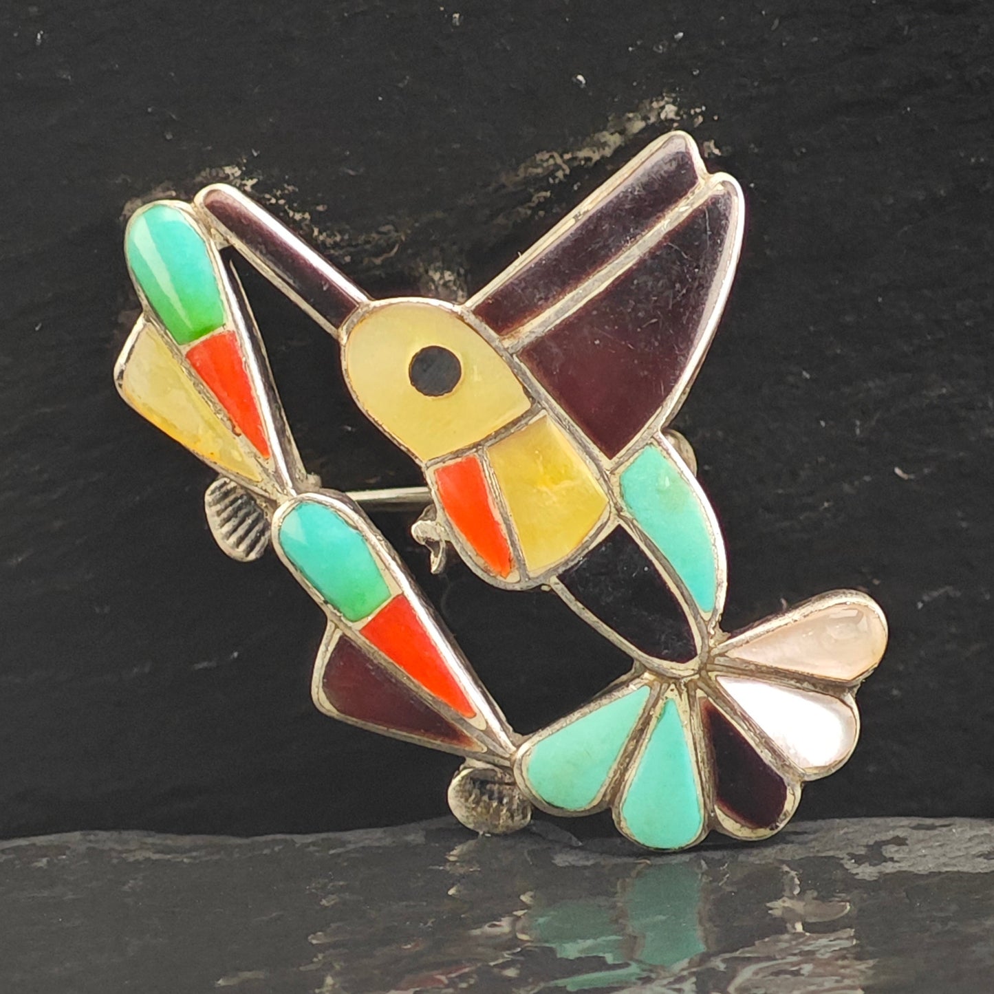 Zuni Bird Inlay MOP Turquoise Coral Sterling Silver Brooch Pendant B2177