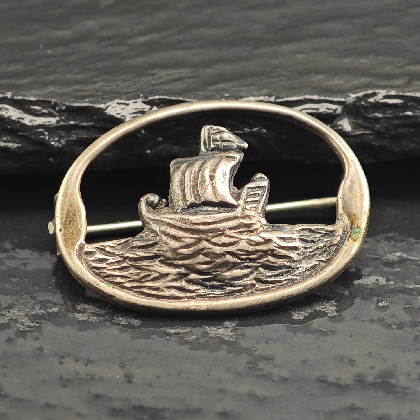 Antique 1921 Irish Viking Boat Sterling Silver Brooch B21800