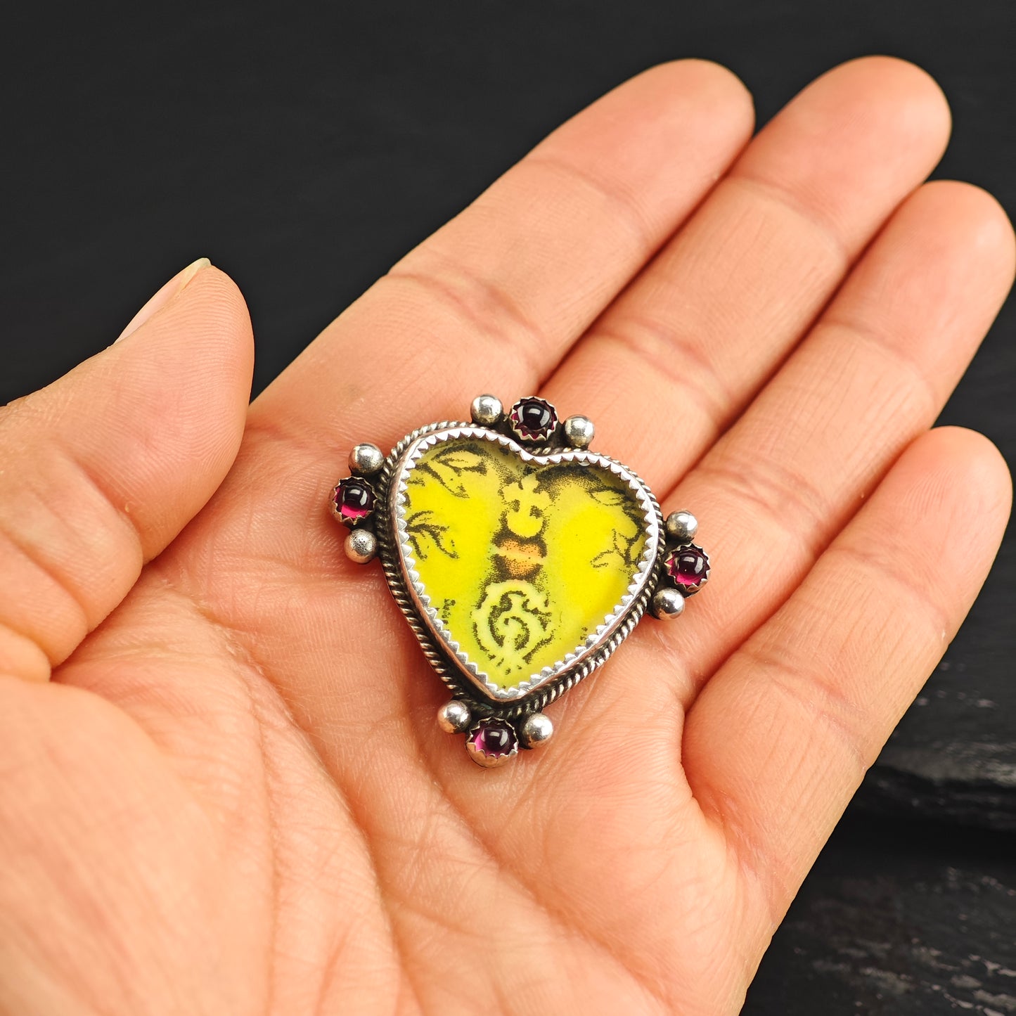 Pink Heart, Garnet Sterling Silver Brooch B2187